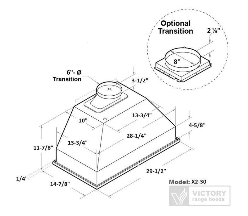 dimensions for victory x2 insert range hood 600 cfm