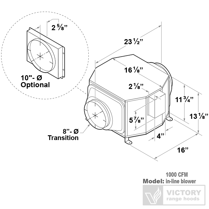 Victory Star 1000 CFM inline blower specs showing 8-inch and 10-inch duct transitions with mounting dimensions.