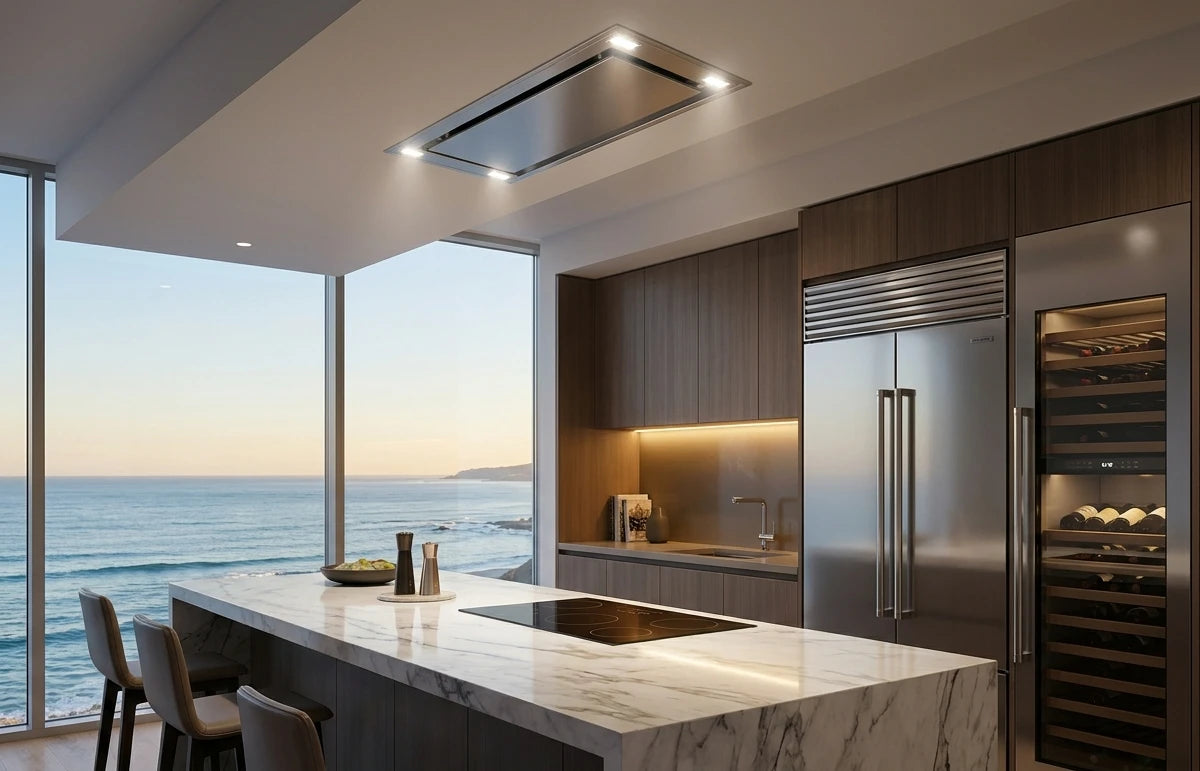 Sunset ceiling range hood in a modern coastal kitchen with ocean views.