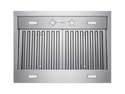 Bottom-to-top view of the Victory Twister showing 4 bright LED lights, dishwasher-safe stainless steel baffle filters, and hidden mechanical rotary switches for reliable, quiet kitchen ventilation