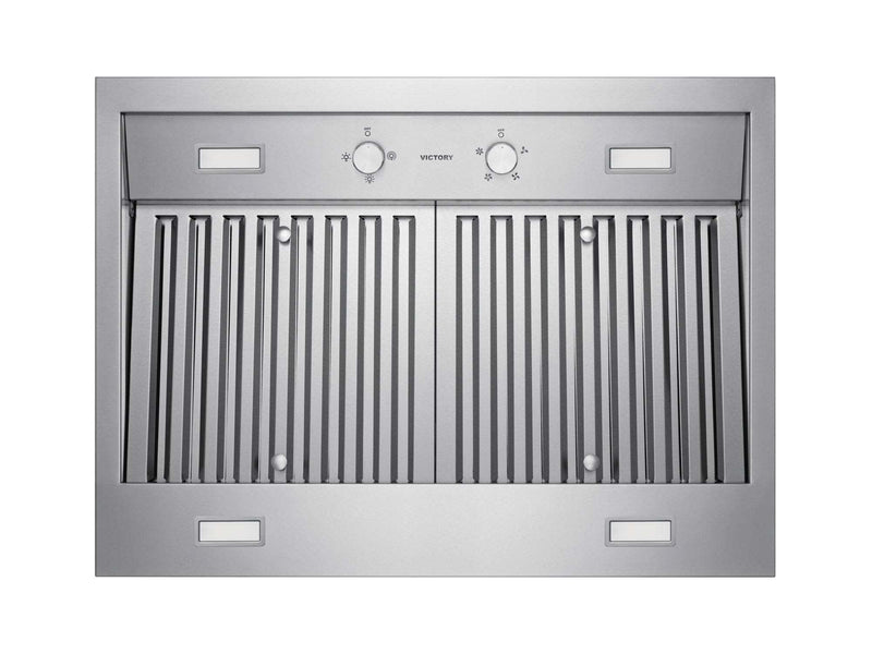 Bottom-to-top view of the Victory Twister showing 4 bright LED lights, dishwasher-safe stainless steel baffle filters, and hidden mechanical rotary switches for reliable, quiet kitchen ventilation