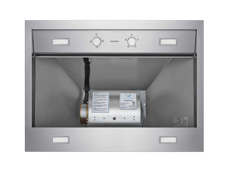 Internal view of the Victory Twister showing the high-performance all-metal motor and impeller system, delivering 750 CFM of powerful, quiet kitchen ventilation