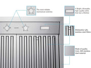 Close-up of the Victory Twister featuring brushed 304-grade stainless steel, dishwasher-safe baffle filters, and high-quality mechanical rotary switches for long-lasting durability and easy cleaning