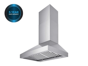 Side profile of the 30 Inch 750 CFM Wall Mount Range Hood showing the adjustable chimney duct cover for 8–9’ ceilings and 5-year parts warranty for long-term reliability