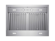 Head-on underside view of the Victory Twister wall mount range hood, highlighting 304 stainless steel baffle filters, two recessed rotary knobs with the 'VICTORY' logo, and four integrated dimmable LED lights for durable, easy-to-clean performance