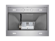 A direct underside view of the Victory Twister wall mount range hood with filters removed, revealing the all-metal 750 CFM blower motor and ETL safety labels for reliable, long-lasting kitchen performance