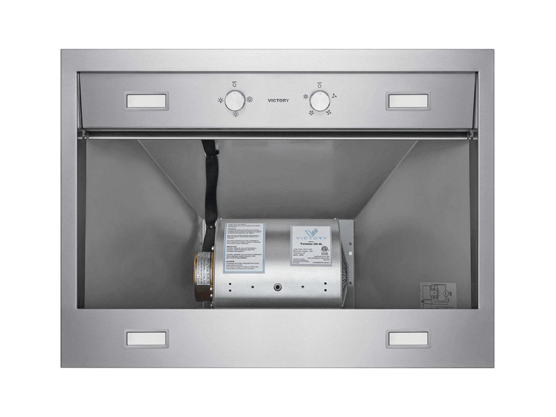 Victory Twister 36 Inch Wall Mount Range Hood interior view with filters removed, showing stainless steel hood body, rotary knobs and LED lights