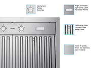 Victory Twister 36 Inch Wall Mount Range Hood feature detail with mechanical rotary switches, dimmable LED lights, dishwasher-safe baffle filters and 304 stainless steel