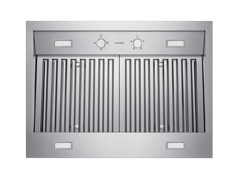 Underside view of the Victory TwisterMAX showing stainless steel baffle filters, mechanical rotary controls and LED lighting