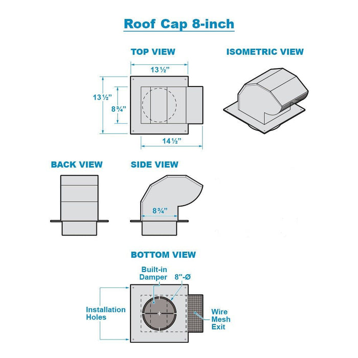 Tall Steel Roof Cap - 8" Duct (for Heavy Snow)