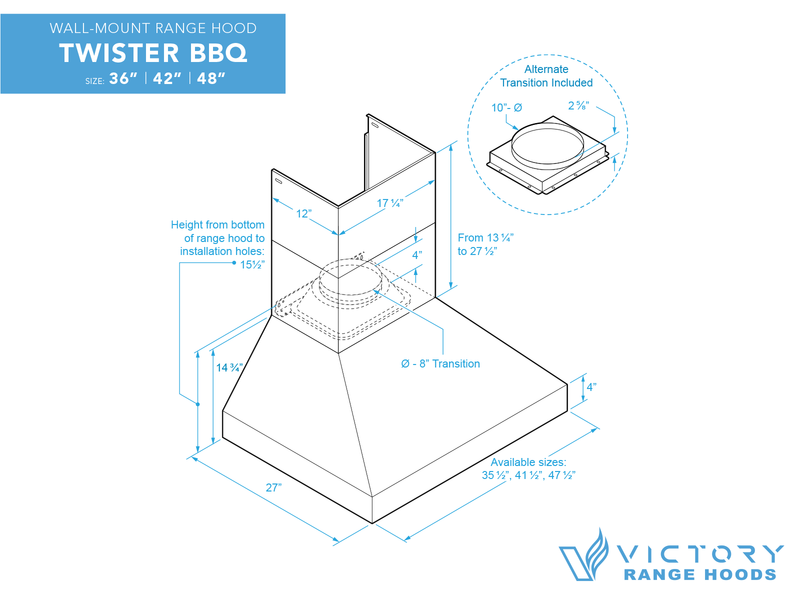 42 Inch 1200 CFM Outdoor Wall Mounted BBQ Range Hood - VICTORY Twister BBQ