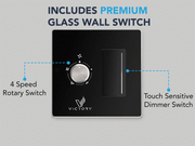 Premium glass wall switch for Matte Black ceiling mount range hood with four-speed rotary dial and touch-sensitive light dimmer, a modern kitchen accessory