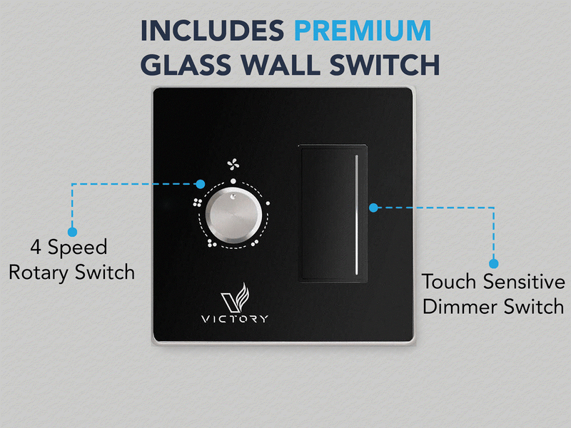 Premium glass wall switch for Matte Black ceiling mount range hood with four-speed rotary dial and touch-sensitive light dimmer, a modern kitchen accessory