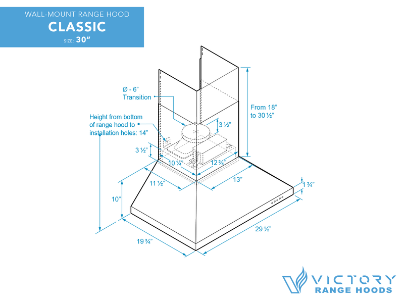 30 Inch 600 CFM Wall Mount Range Hood - VICTORY Classic