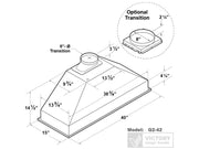 Dimensions diagram for the Victory Q2 range hood insert specifying the 15-inch depth and 6-inch or 8-inch duct options