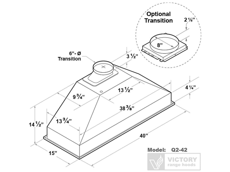 Dimensions diagram for the Victory Q2 range hood insert specifying the 15-inch depth and 6-inch or 8-inch duct options