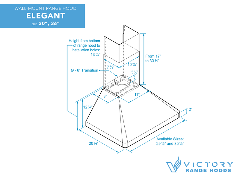 30 Inch Wall Mounted Range Hood with 450 CFM Remote Blower - VICTORY Elegant