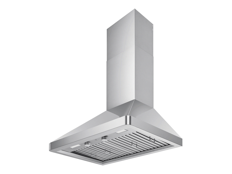 VICTORY Elegant 36 Inch Wall Mounted Range Hood with stainless chimney, pyramid canopy, baffle filters, and LED lights