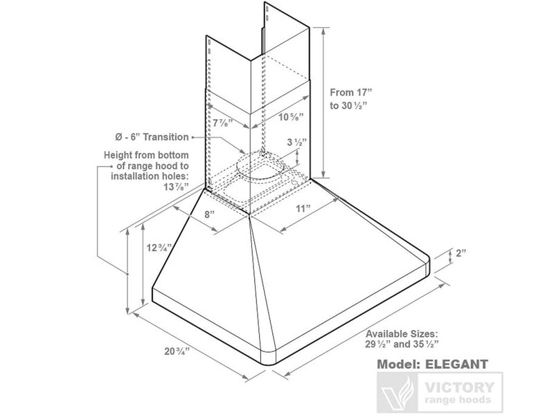 Technical dimensions diagram for the Victory Elegant showing the 6-inch duct transition and adjustable chimney height from 17 to 30.5 inches