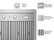 Feature diagram of VICTORY Elegant showing mechanical rotary switches, dimmable LED lights, 304 stainless steel, and dishwasher-safe baffle filters