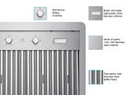 Infographic of the VICTORY Elegant range hood highlighting 304 stainless steel, rotary switches, and baffle filters