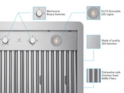 Close-up of the 30-inch Verona Cabinet Range Hood showing mechanical rotary switches, GU10 LED lights, 304 stainless steel construction, and dishwasher-safe baffle filters