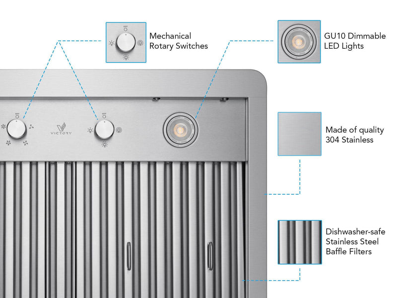 Close-up of the 30-inch Verona Cabinet Range Hood showing mechanical rotary switches, GU10 LED lights, 304 stainless steel construction, and dishwasher-safe baffle filters