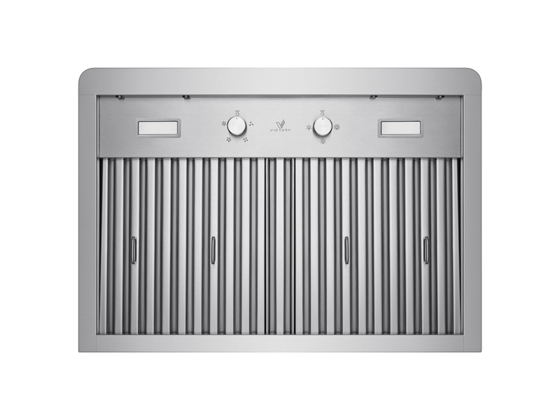 Three-quarter underside view of the VICTORY Elegant showing angled baffle filters, dual knobs, and LED lights