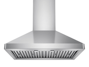 Front underside view of VICTORY Elegant 36 Inch Wall Mounted Range Hood with baffle filters, LED lights, and stainless canopy