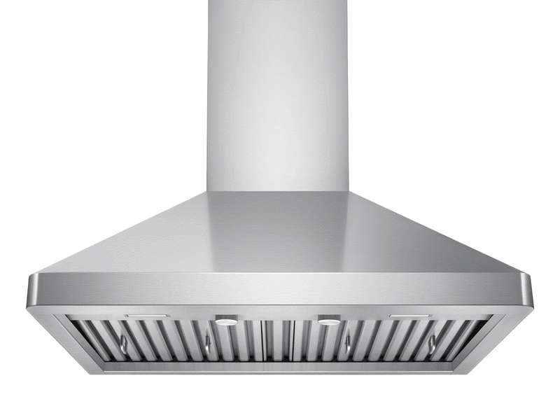 Front underside view of VICTORY Elegant 36 Inch Wall Mounted Range Hood with baffle filters, LED lights, and stainless canopy