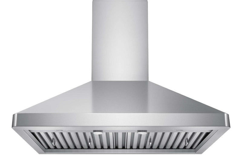 Front view of the 36 inch Victory Elegant range hood featuring 19 gauge stainless steel construction and a two-piece telescopic chimney