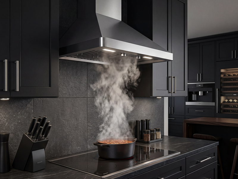 VICTORY Elegant range hood efficiently venting steam in a modern kitchen with black cabinets and LED lights on