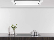 Victory Horizon matte white flush mount range hood installed in a modern kitchen ceiling.