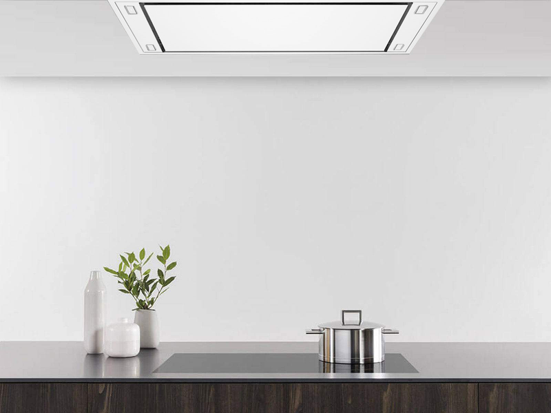Victory Horizon matte white flush mount range hood installed in a modern kitchen ceiling.