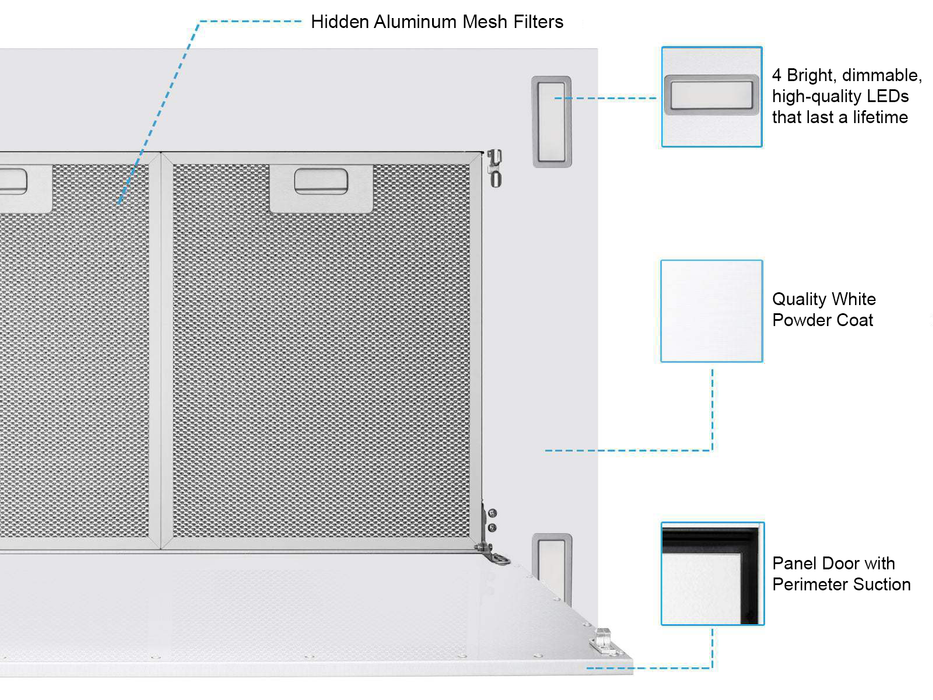 600 CFM White Flush Ceiling Mount Range Hood - VICTORY Sunset
