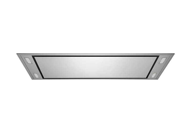 Ceiling mount range hood in brushed 304 stainless steel with perimeter suction panel and four integrated LED lights – Victory Horizon.