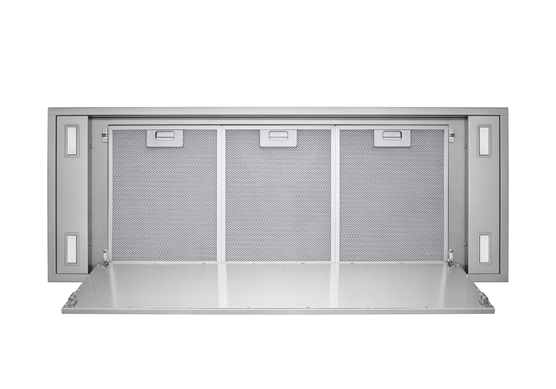 Underside view of the Horizon ventilation unit with its stainless steel panel open, revealing three aluminum mesh filters for easy cleaning.