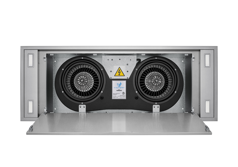 Internal view of the Horizon ventilation unit with its panel open, showing the dual-motor blower system for powerful kitchen air extraction.