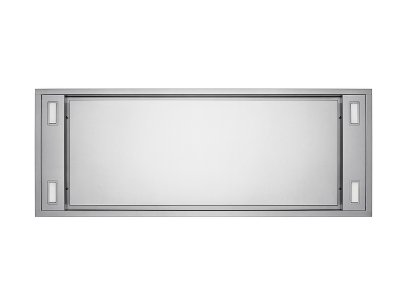 Underside view of the stainless steel Horizon ventilation unit for kitchens, featuring a flush-mount perimeter suction panel.