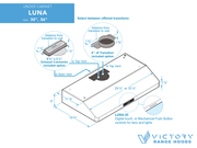 Detailed dimension diagram for the Victory Luna 30, showing a 29.5-inch width, 19.75-inch depth, and an ultra-slim 6-inch height; includes specifications for the 6-inch round top vent and rectangular rear-venting options.