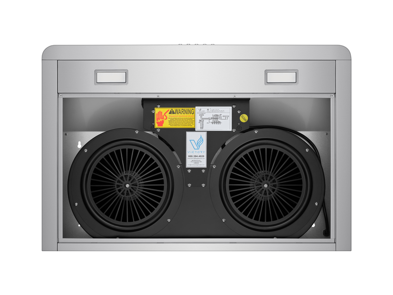 Rear-venting configuration for the Victory Luna under cabinet hood, allowing for 3.25x10 inch rectangular ducting through the wall.