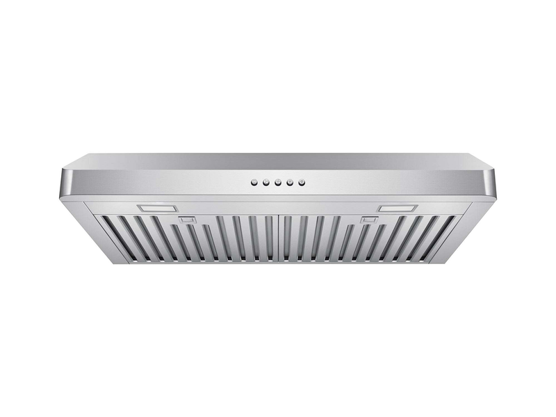 Straight front view of the Victory Luna 30 inch under cabinet range hood, highlighting its ultra-slim 6-inch profile and seamless 19-gauge stainless steel construction for a modern kitchen aesthetic.