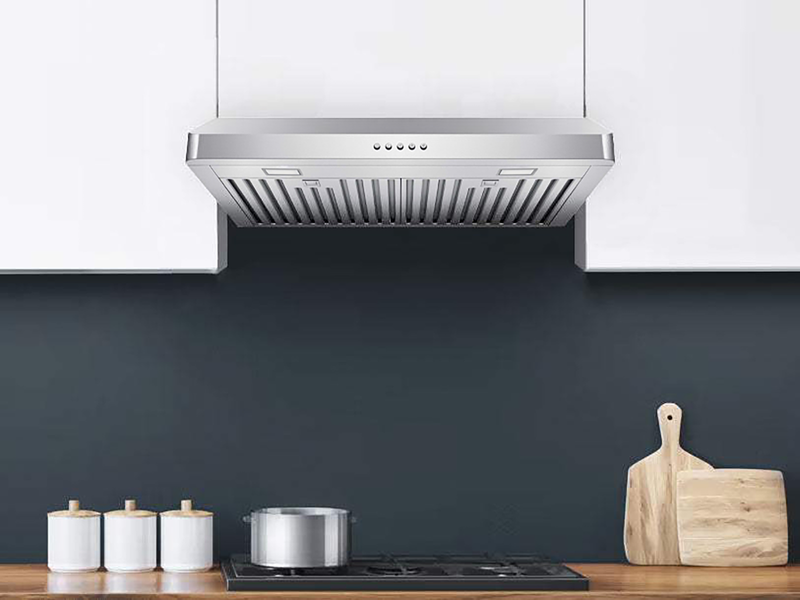 Close-up Victory Luna 30 inch 600 CFM under cabinet range hood in a modern kitchen setting.of the reliable mechanical push button controls on the Victory Luna range hood, providing 3-speed fan adjustment and light control.