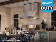 Professional installation of the VICTORY Prestige 60-Inch wall-mounted hood with an optional stainless steel duct cover for a seamless ceiling finish