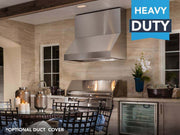 Side profile view of the VICTORY Prestige 48-Inch outdoor range hood installed over a professional built-in grill