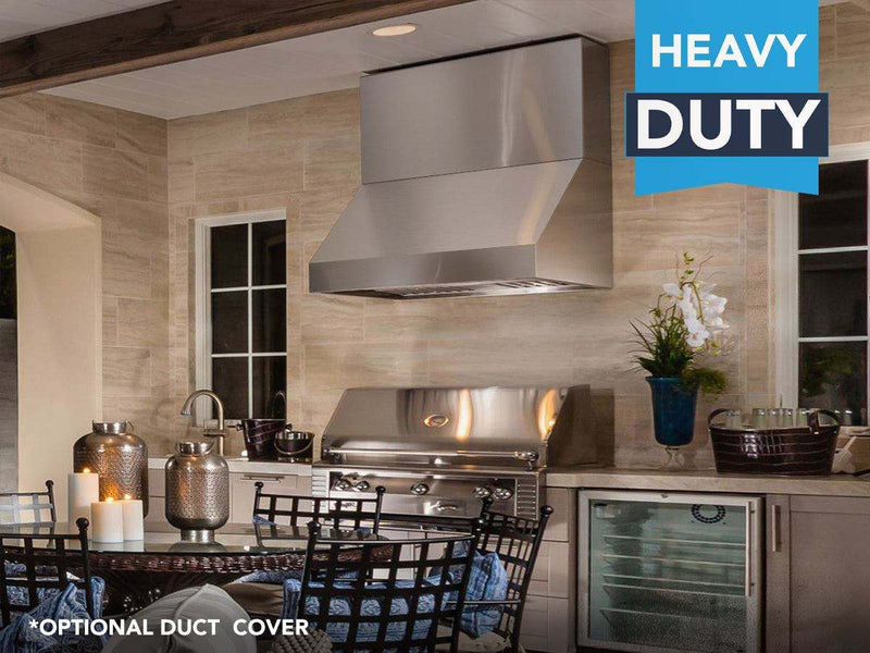 Side profile view of the VICTORY Prestige 48-Inch outdoor range hood installed over a professional built-in grill