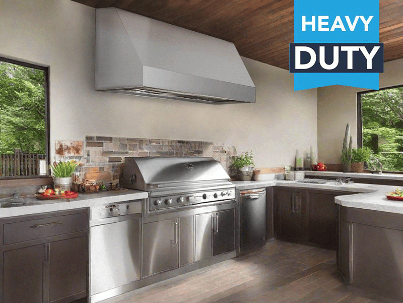 Lifestyle installation of the VICTORY Prestige 60-Inch wall-mounted hood in a professional outdoor kitchen setting