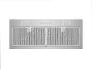 Bottom view of the 27 Inch 600 CFM Range Hood insert, highlighting easy-to-use push-button controls, bright LED lights, and dual stainless steel honeycomb filters for efficient, quiet ventilation