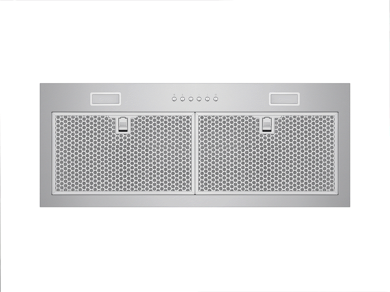 Bottom view of the 27 Inch 600 CFM Range Hood insert, highlighting easy-to-use push-button controls, bright LED lights, and dual stainless steel honeycomb filters for efficient, quiet ventilation