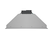Profile view of a sleek 27 Inch 600 CFM Range Hood insert featuring a tapered stainless steel housing and slim mounting flange designed for a clean, modern kitchen installation